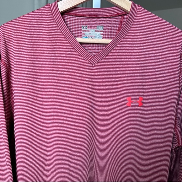 Under Armour Men’s L/S Coldgear Red Shirt Hairline Striped Fitted Stretch Tee L - Picture 5 of 15